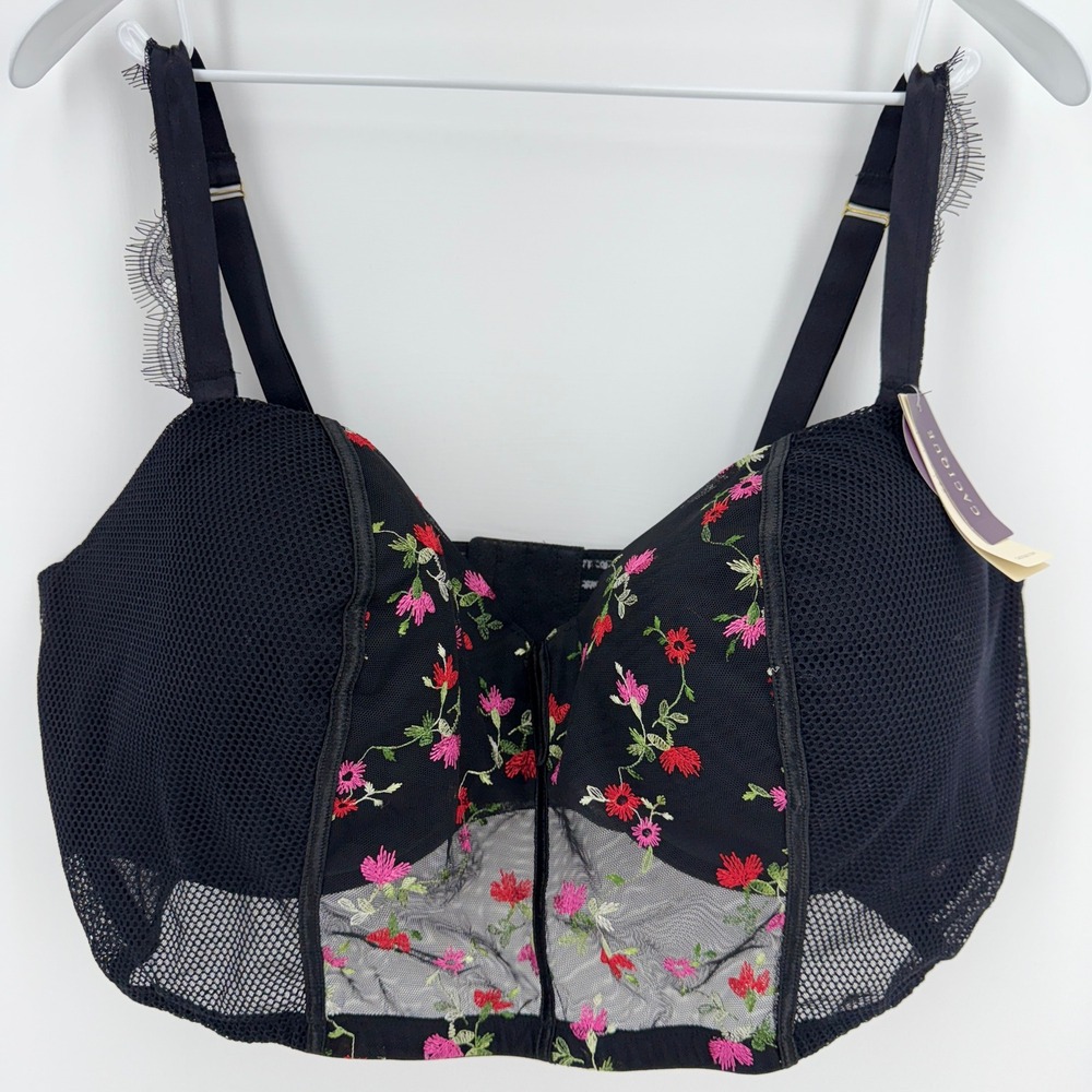Cacique Black Floral Embroidered‎ Lace Corset Multi Way Strapless Bra 46DDD NEW